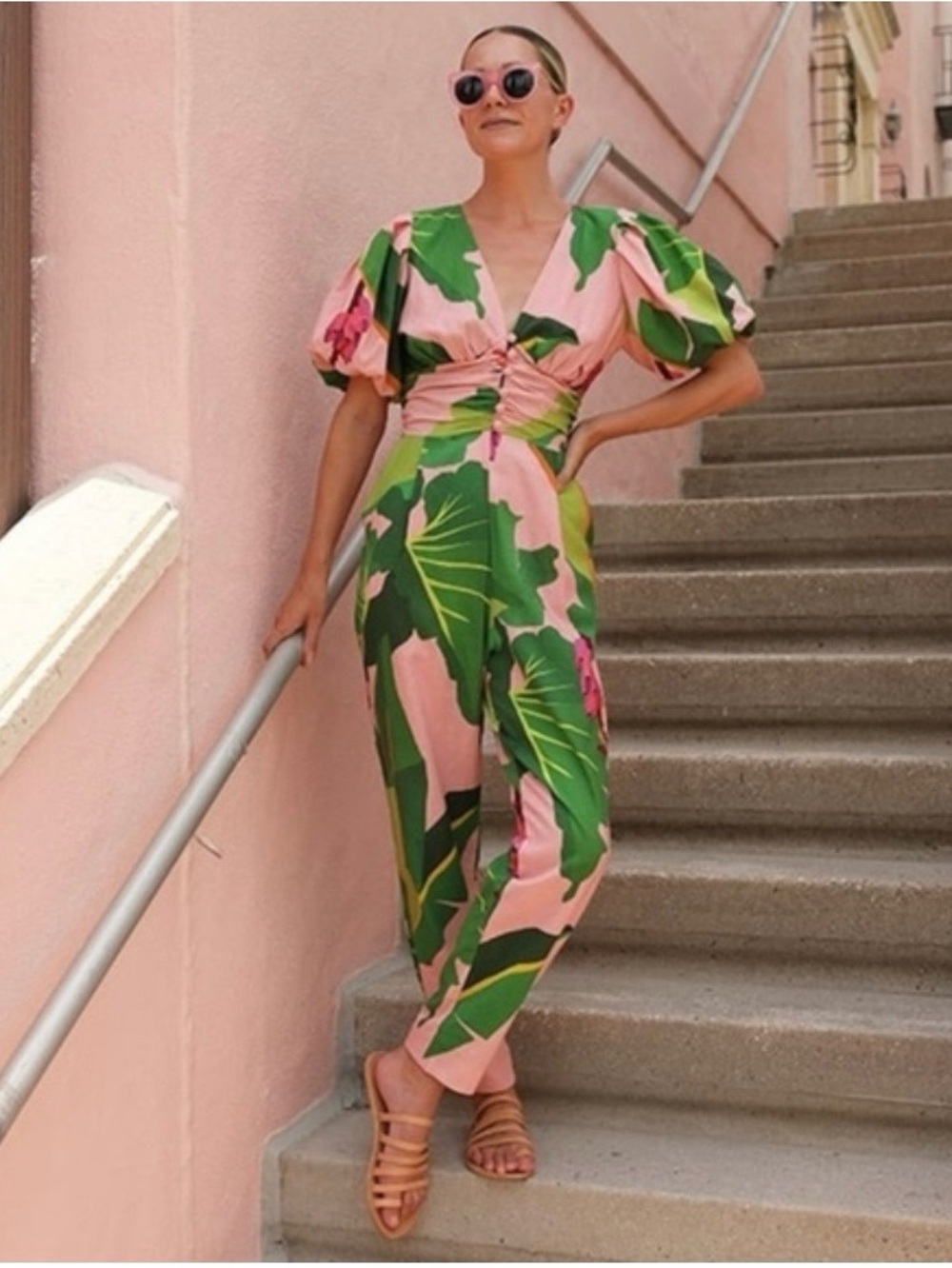 Farm Rio Tropicalistic Linen Blend Jumpsuit Pink Green Puff Sleeve XS
